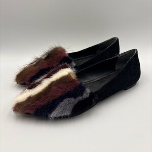 Rebecca Minkoff Amelie Black Leather Multicolor Mink Fur Front Flats Size 7.5